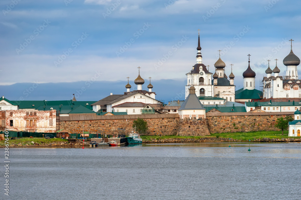Spaso-Preobrazhensky Solovetsky Monastery in the summer from the Bay of well-being, Russia