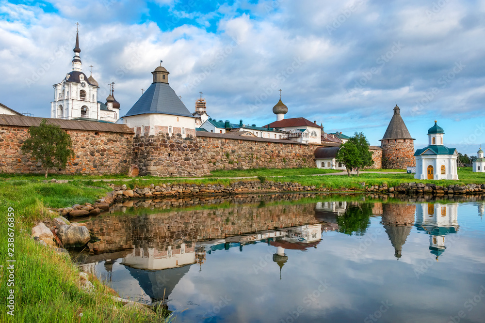 Spaso-Preobrazhensky Solovetsky Monastery in the summer from the Bay of well-being, Russia