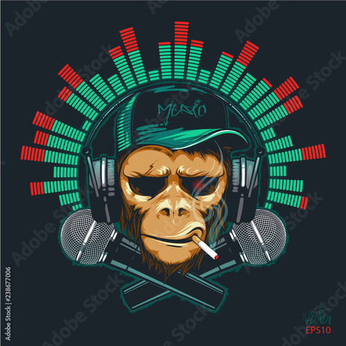 Hipster music lover monkey with headphones and two microphones. DJ chimpanzee