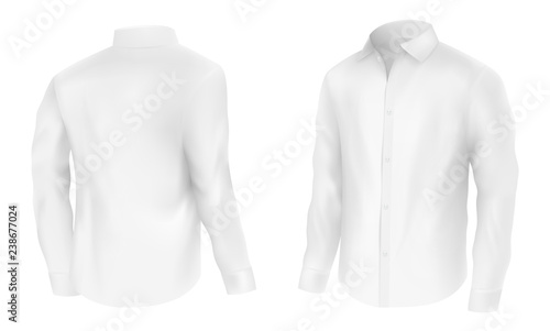 Mens white shirt with long sleeves half turn, front and back view realistic vector illustration isolated on white background. Casual classic clothing element for modern detergent advertising design