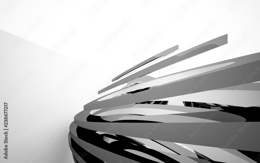 Abstract white interior of the future, with glossy black sculpture. 3D illustration and rendering