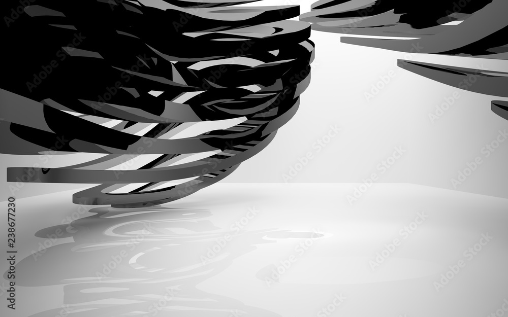 Abstract white interior of the future, with glossy black sculpture. 3D illustration and rendering