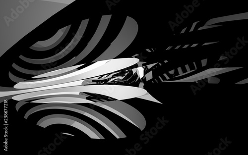 Abstract white interior of the future, with glossy black sculpture. 3D illustration and rendering