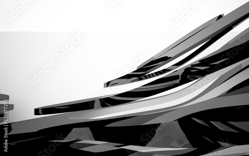 Abstract white interior of the future, with glossy black sculpture. 3D illustration and rendering © SERGEYMANSUROV