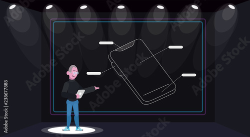 Presentation of New Mobile Phone  gadget device. Legendary Mobile Phone   Developer Cartoon character standing on Stage in Front of Audience with   Cellphone, Explaining Advantages and Functionality