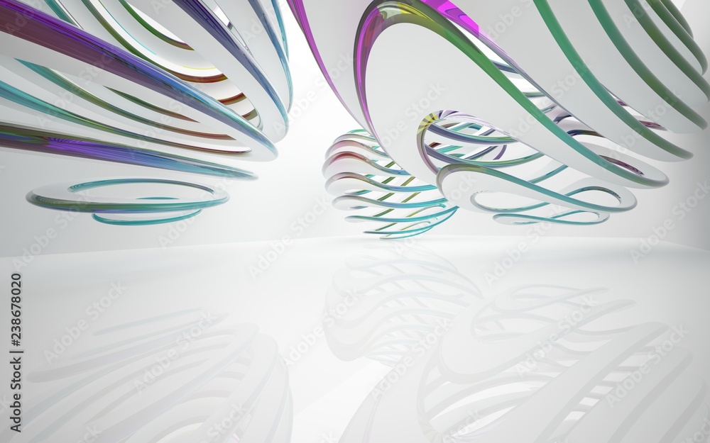 Obraz premium White smooth abstract architectural background whith colored gradient lines . 3D illustration and rendering