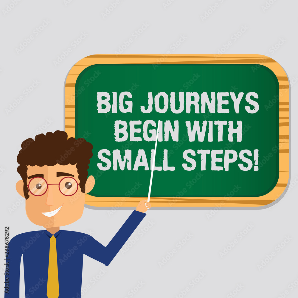 Handwriting text Big Journeys Begin With Small Steps. Concept meaning One step at a time to reach your goals Man Standing Holding Stick Pointing to Wall Mounted Blank Color Board Handwriting text Big Journeys Begin With Small Steps. Concept meaning One step at a time to reach your goals Man Standing Holding Stick Pointing to Wall Mounted Blank Color Board