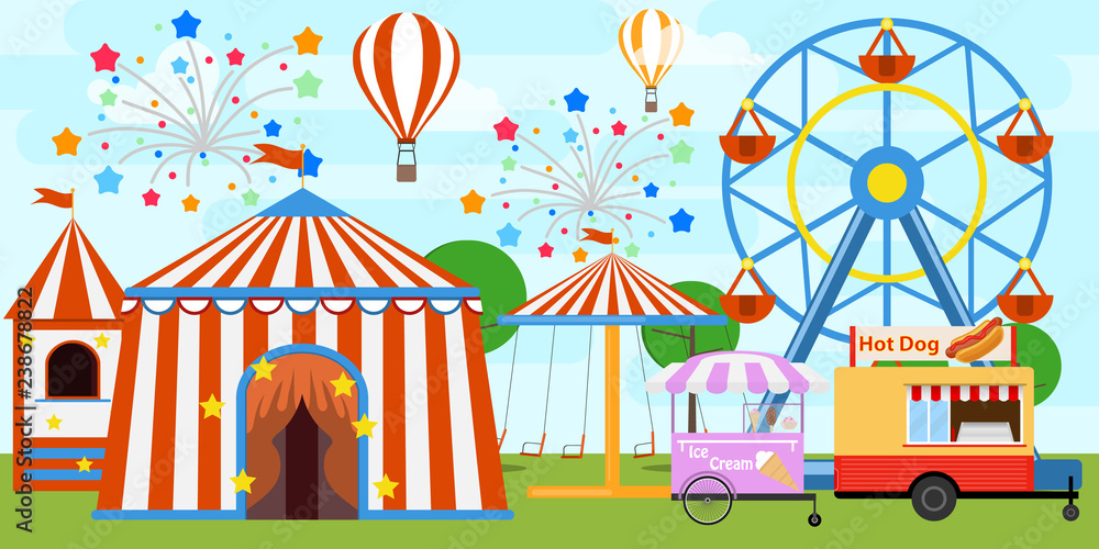 Vetor de Colorful fair tent and ferris wheel in amusement park. Cartoon  amusement park with circus, carousels. Amusement Park in flat colorful  vector style do Stock | Adobe Stock