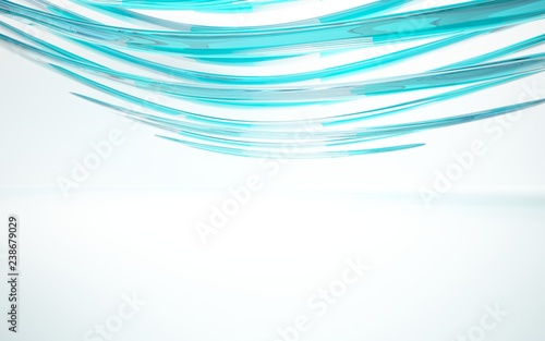 Abstract dynamic interior with blue glass smoth wave objects. 3D illustration and rendering