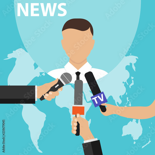 News concept with microphones. Journalists hands holding microphones performing interview. Media tv and interview, information for television, broadcasting mass.