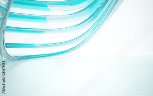 Abstract dynamic interior with blue glass smoth wave objects. 3D illustration and rendering