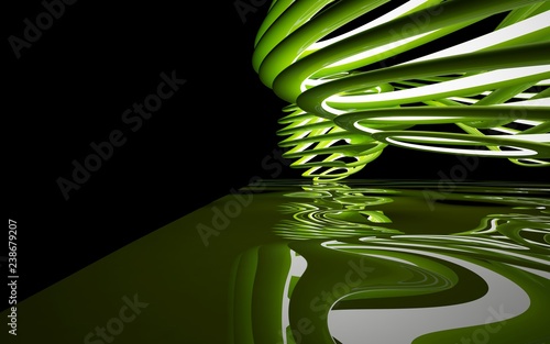Abstract interior of the future in a minimalist style with green sculpture. Night view . Architectural background. 3D illustration and rendering