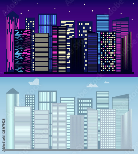 Night and day city landscape. Urban landscape, megapolis. Landscape of the megapolis. Modern cityscape panorama. Vector illustration