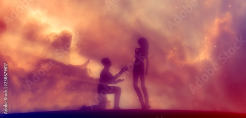 Silhouette of man in prayer pose. Man asking woman to marry him. Elements of this image furnished by NASA. Deep space filled with stars  nebula and galaxy.