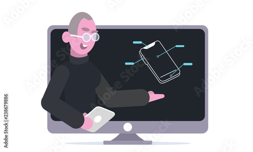 Presentation of a new smartphone, gadget. Popular Blogger Review Concept Vetor. Online streaming Video Channel. Advantages of the new gadget. Isolated Flat Cartoon Illustration on white background