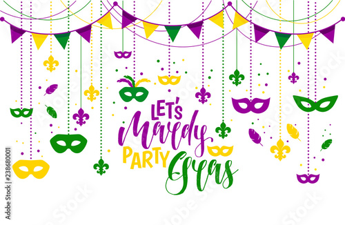 Mardi Gras colored frame with a mask and fleur-de-lis, isolated on white background. Vector illustration.