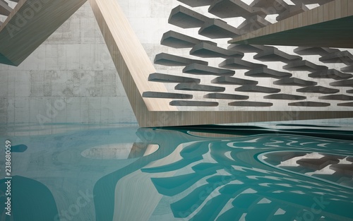 Abstract interior of wood and concrete with blue water. Architectural background. 3D illustration and rendering 