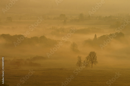 Beautiful misty landscape in the San Valley. Bieszczady Mountains. Poland