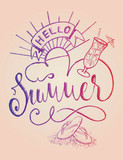 Hello Summer colorful hand lettering composition drawing