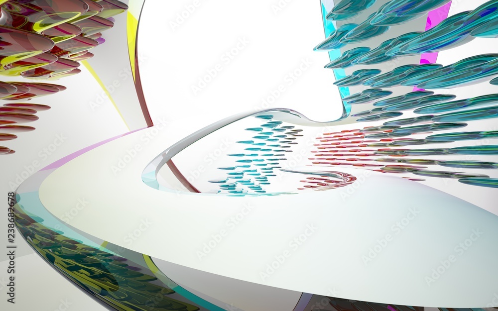 abstract architectural interior with colored smooth glass sculpture. 3D illustration and rendering