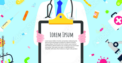 Medical banner concept flat style design poster. Male man doctor employee on it holding clipboard and arounded with hospital equipment and medicines. Medical awareness flu, polio influenza etc. banner