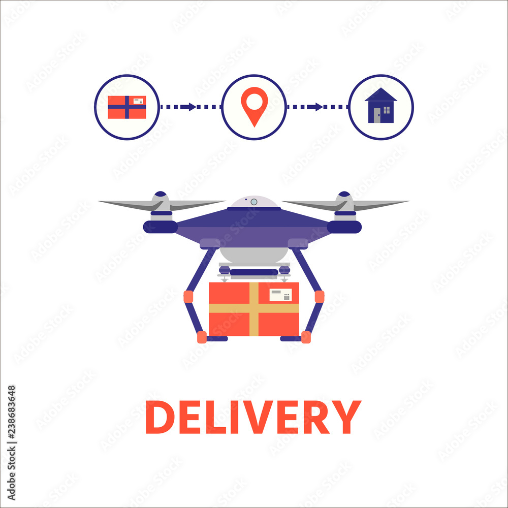 Drone with box.  Delivery by drone. Vector illustration with flying quadrocopters in flat style.