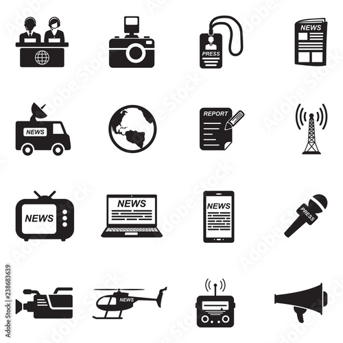 News Reporter Icons. Black Flat Design. Vector Illustration.
