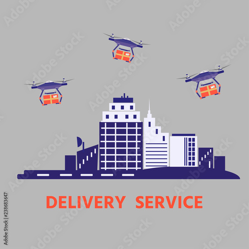 Banner: Delivery service. Vector illustration with flying quadrocopters above the city in flat style.