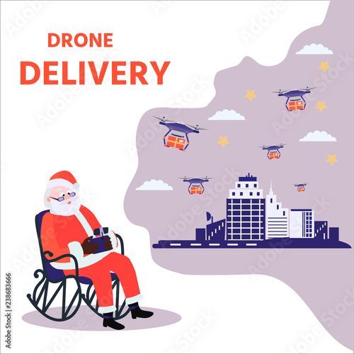 Santa Claus controls drone.  Christmas delivery service gifts at home. Vector illustration for banner, poster, billboard, booklet.