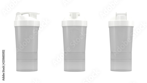 Plastic shaker isolated on white background with clipping path. Shaker for sport food cocktail. White smart shaker. Sport and healthy drink.