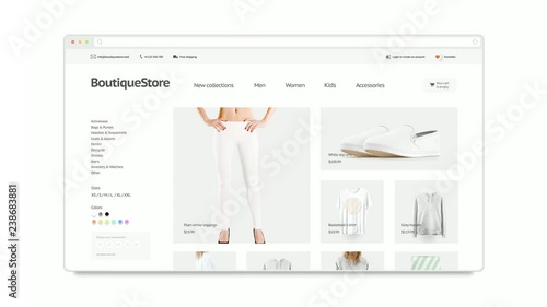Blank browser open and closing mockup with fashion website, looped switch, 3d rendering. Load and turn off clothing boutique mock up. Opening shop webpage template.