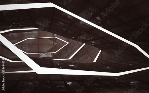 Fototapeta Naklejka Na Ścianę i Meble -  Empty abstract room interior of sheets rusted metal. Architectural background. Night view of the illuminated. 3D illustration and rendering