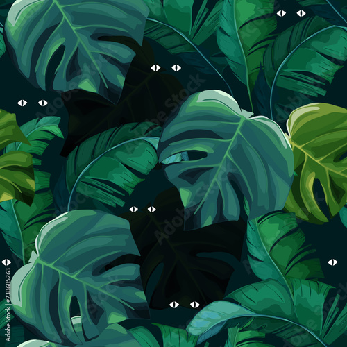 Jungle exotic seamless pattern, green tropical leaves, summer vector illustra...