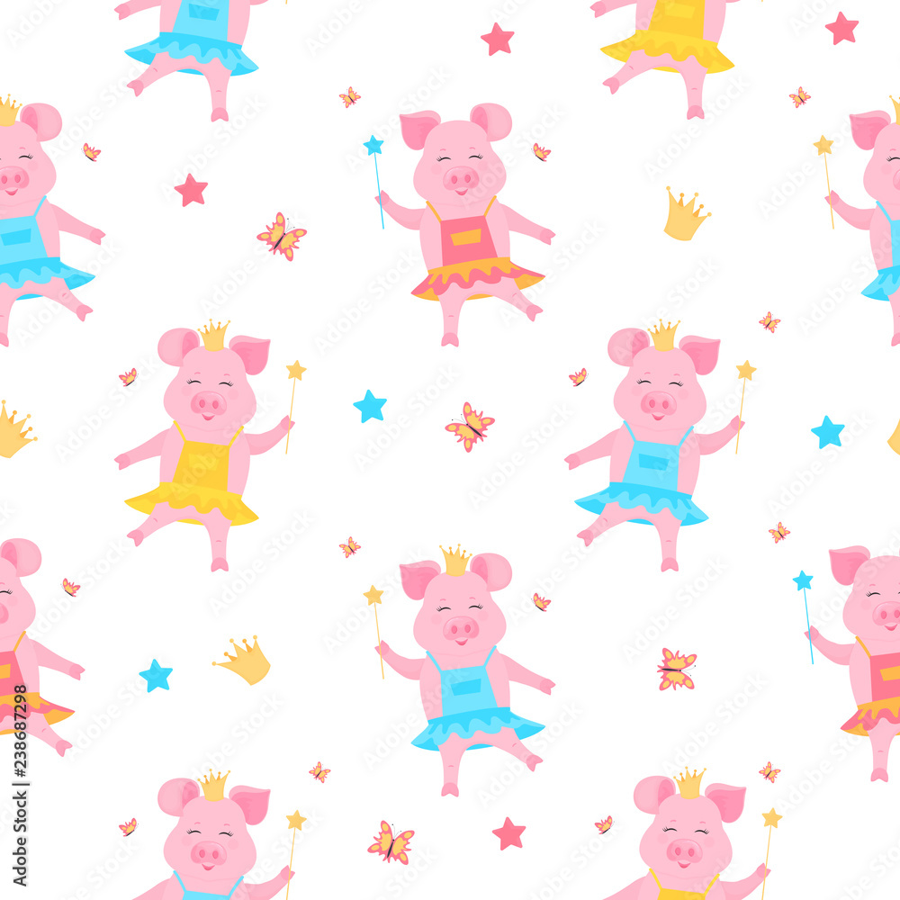 A cute pig princess in a dress and in the crown with a magic wand in hand . Funny piglet. Piggy cartoon Character.