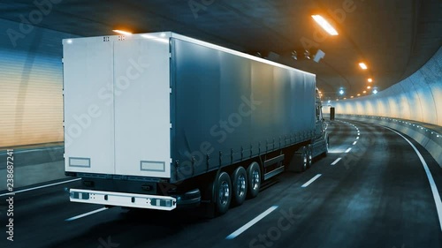 Trailer truck rides through tunnel warm yellow light 3d rendering