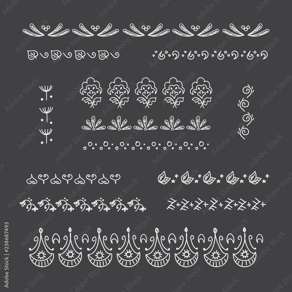 Collection of vector graphic borders frames. Geometric and plant motifs