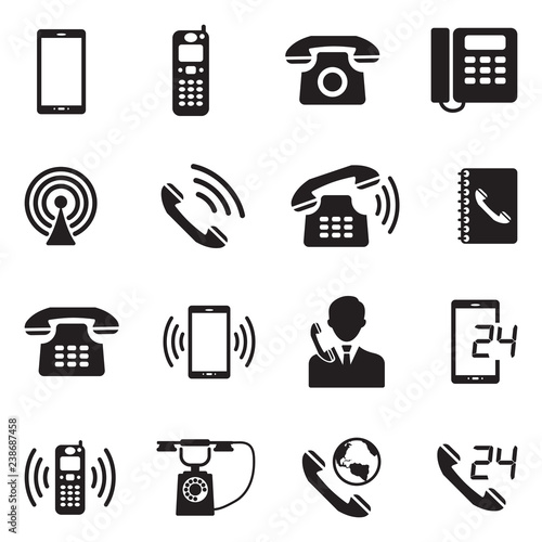 Phone Icons. Black Flat Design. Vector Illustration.