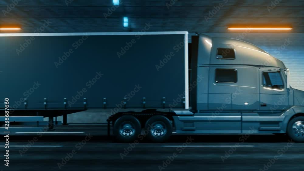 Trailer truck rides through tunnel warm yellow light 3d rendering