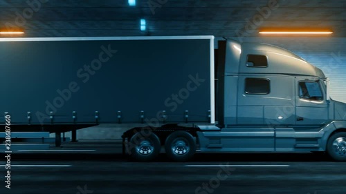 Trailer truck rides through tunnel warm yellow light 3d rendering