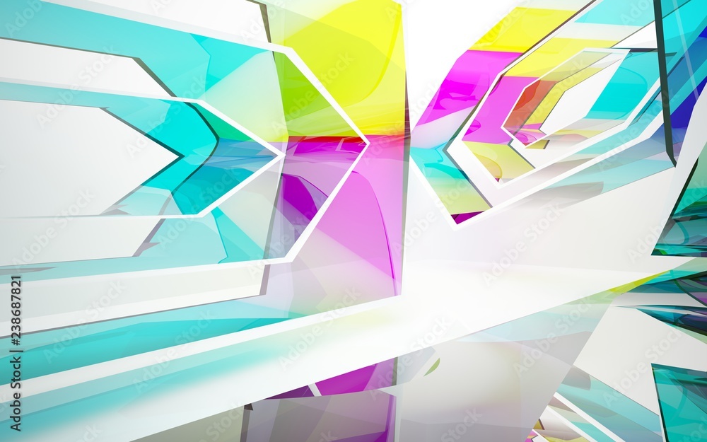 abstract architectural interior with gradient geometric glass sculpture. 3D illustration and rendering abstract architectural interior with gradient geometric glass sculpture. 3D illustration and rendering