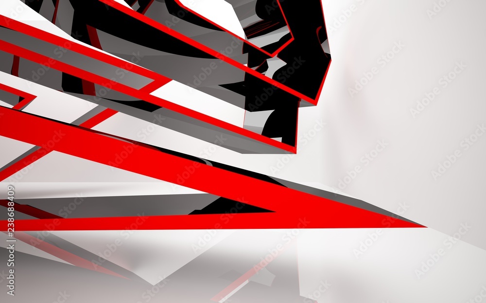 Abstract white interior of the future, with glossy black and red sculpture. 3D illustration and rendering