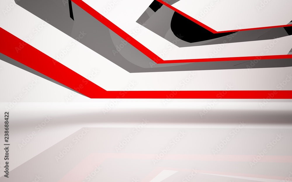 Abstract white interior of the future, with glossy black and red sculpture. 3D illustration and rendering Abstract white interior of the future, with glossy black and red sculpture. 3D illustration and rendering