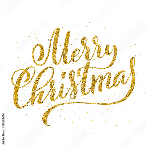 Gold Merry Christmas party handwritten lettering. Lettering design card template. Vector.