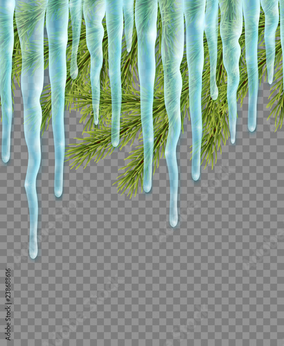 Seamless border with realistic firtree and icicles over transparent background. Design template for merry christmas