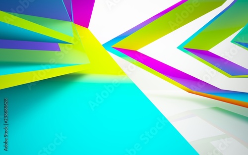 Abstract dynamic interior with gradient colored objects. 3D illustration and rendering