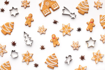 Homemade christmas cookies on white background, top view
