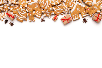 Christmas border with gingerbread cookies and aromatic spices