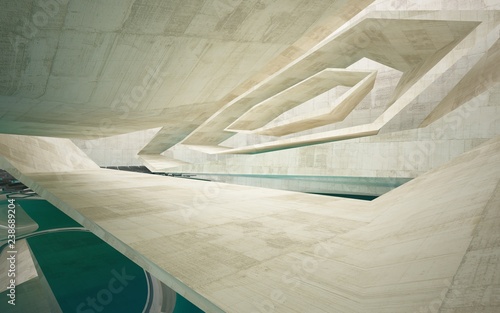 Abstract interior concrete with blue water. Architectural background. 3D illustration and rendering 