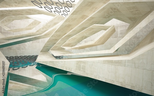 Abstract interior concrete with blue water. Architectural background. 3D illustration and rendering 