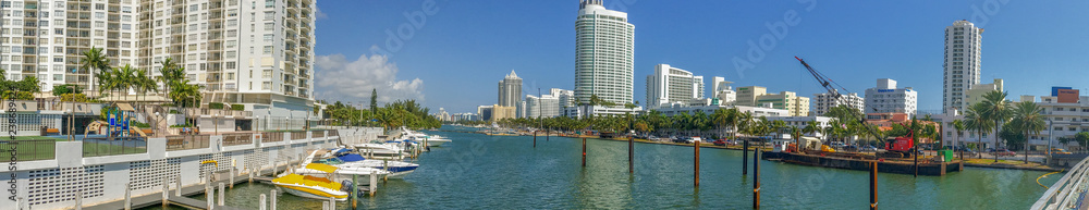 MIAMI - FEBRUARY 2016: Panoramic view of Miami Beach on a sunny day. The city attracts 15 million tourists annually